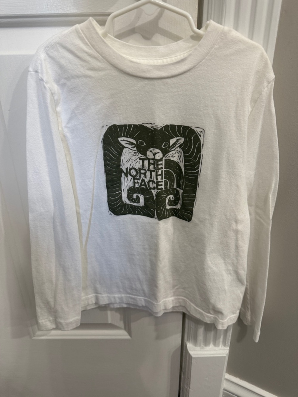 The North Face White Long Sleeve Tee with Black Graphic Ram Design size XS-6